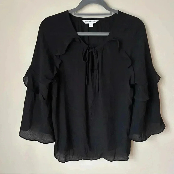 Counterparts Women’s Black 3/4 Sleeve Front Tie Flutter Blouse Top Size Small - Picture 1 of 5